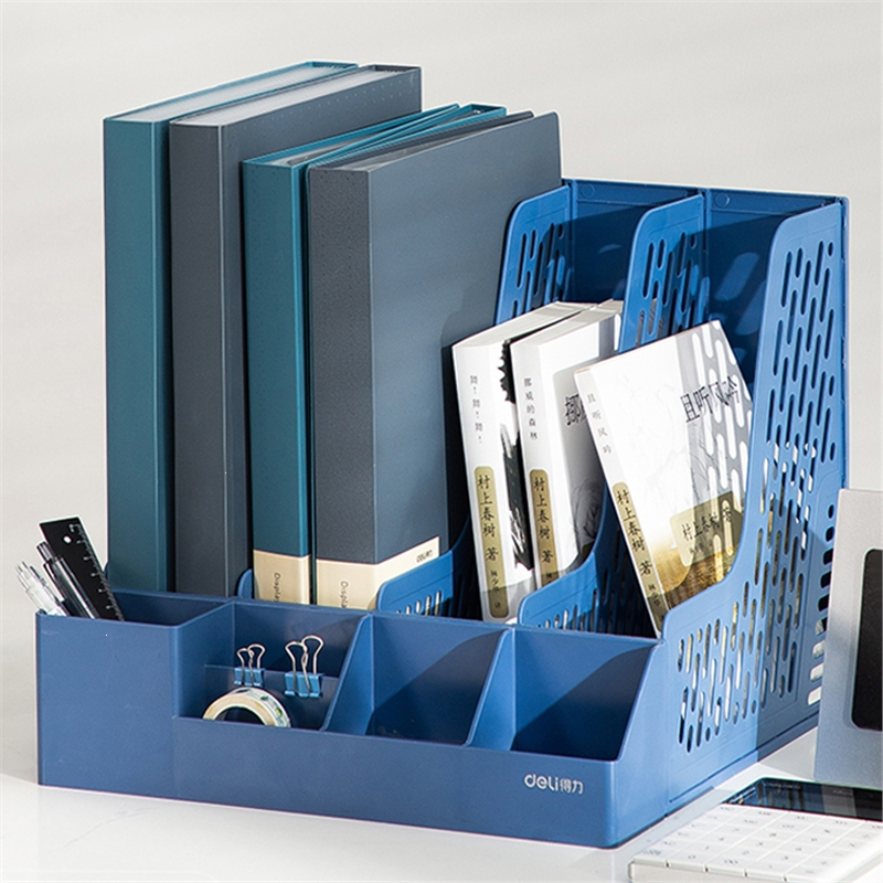 得力(deli)加厚文件框文件收纳盒塑料文件架书架黑色简易立式书立书架