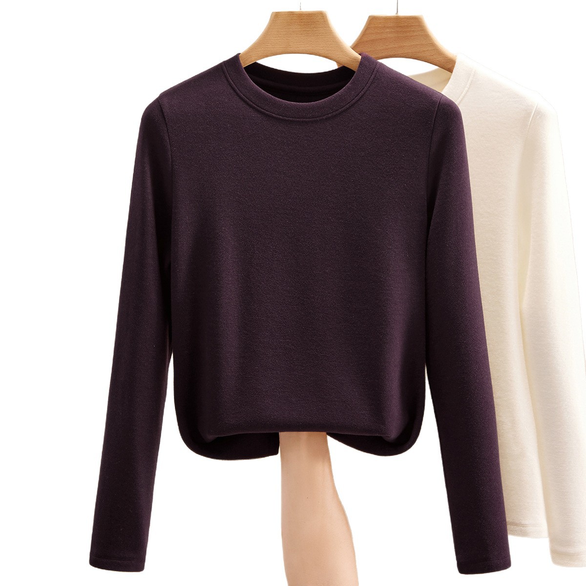 双面德绒打底衫女秋冬内搭2025新款修身保暖外穿圆领龙葵紫上衣女高清大图