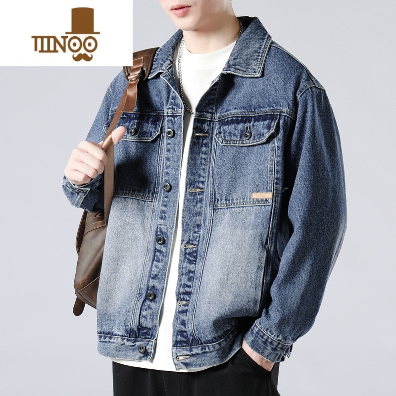 YANXU秋季新款牛仔外套男宽松潮流百搭帅气上衣水洗翻领复古休闲夹克高清大图