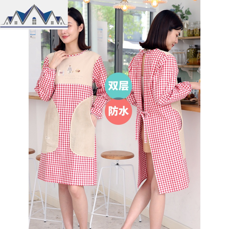 可擦手围裙家用厨房防水防油女士工作服带袖子身罩衣棉长袖 三维工匠