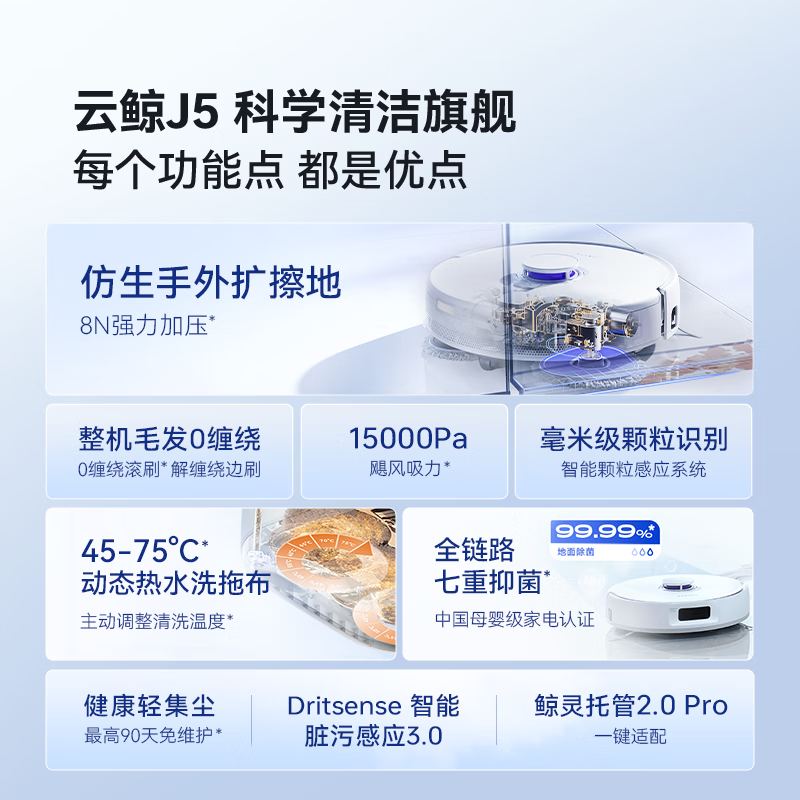 云鲸J5扫地机器人智能仿生手扫拖一体毛发0缠绕 J5-水箱版高清大图
