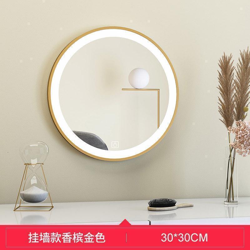 北欧化妆镜台式D智能桌面梳妆台镜圆形壁挂卧室补光镜子_976 金色挂墙30×30CM其他