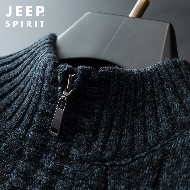 JEEP SPIRIT吉普男士针织衫加绒加厚保暖针织衫半拉链立领时尚毛衣秋冬套头衫外套高清大图