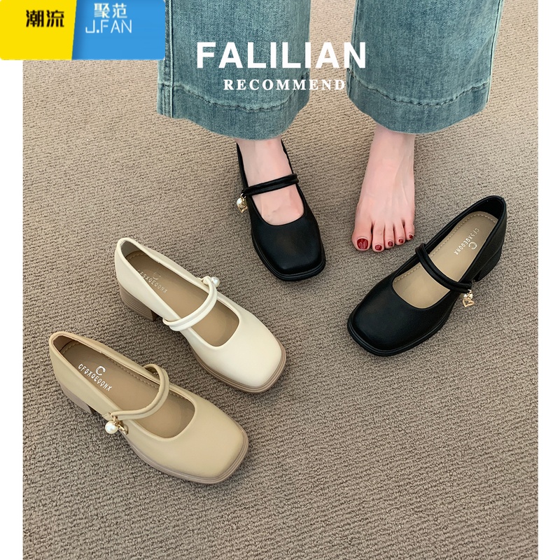 聚范法式单鞋女2024新款夏季配裙子3公分小跟鞋黑色粗跟玛丽珍小皮鞋高清大图