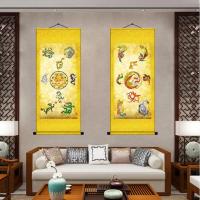 【苏宁臻选】入户玄关装饰画进门招财画九龙图挂画玄关九凤画卷轴画画装饰画竖版丝绸装饰画
