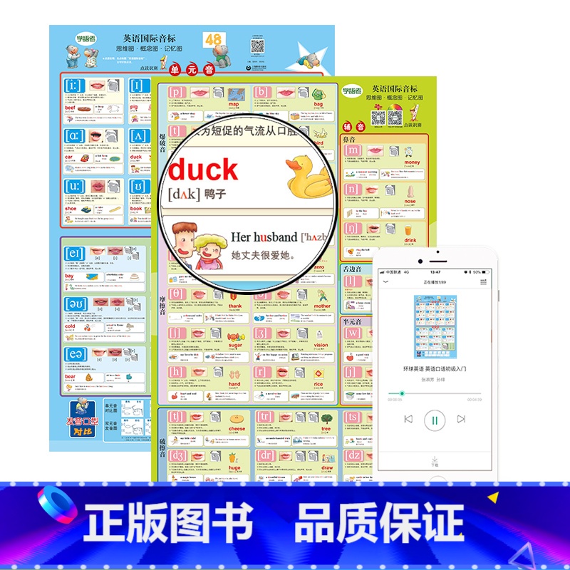 【正版】学语者 英语国际音标挂图 双层覆膜+可点读+同步音频+手绘插图+全彩印刷 两张 正反面 英语语法 零基础学习英语