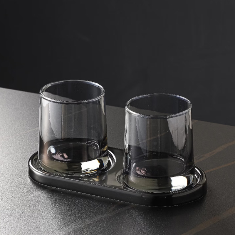 谋福 民宿杯刷牙杯子玻璃杯 陶瓷底座酒店簌口杯【2杯+托盘】 灰色梯形杯+黑色托盘