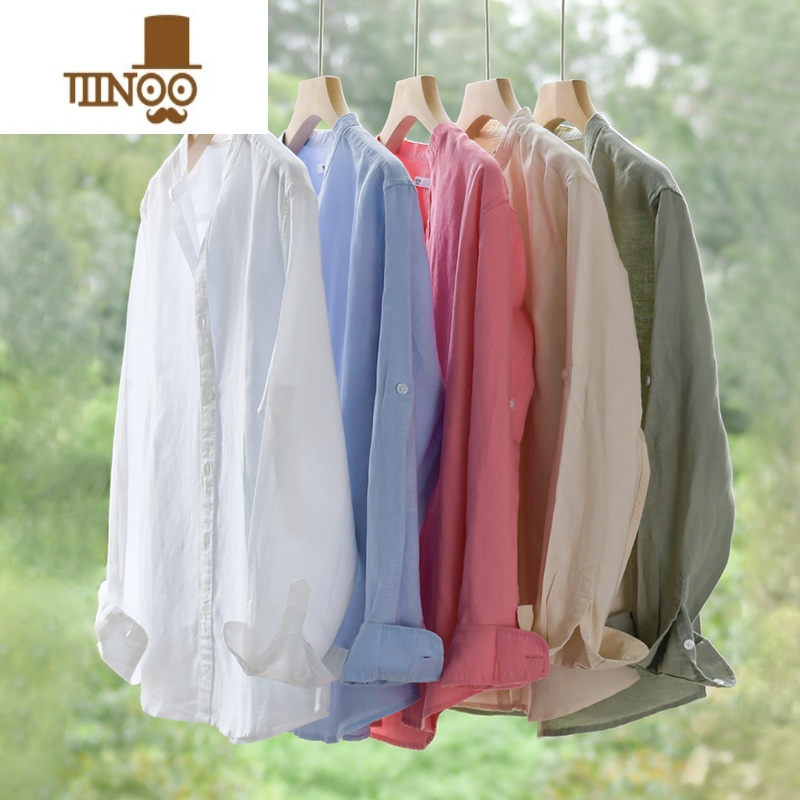 YANXU日系休闲棉麻衬衫透气深蓝色文艺简约百搭男长袖亚麻薄款宽松上衣高清大图