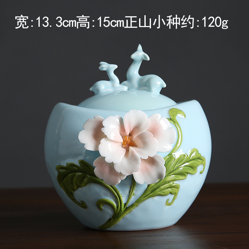一鹿花开天蓝小号 述瓷宣 手工花茶叶罐 精品 高档 陶瓷密封家用储存罐创意个性时尚