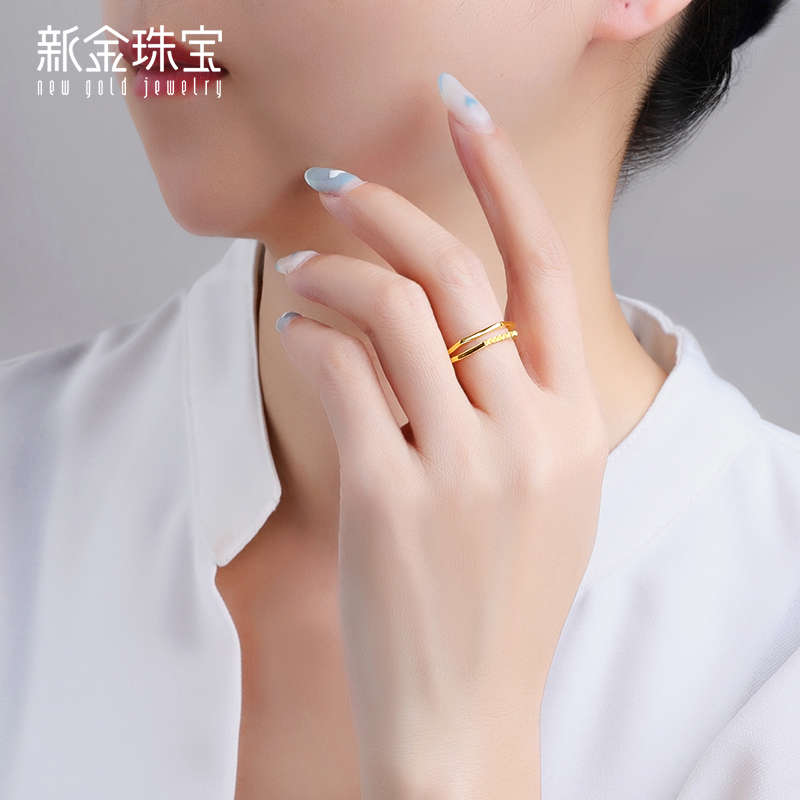 新金珠宝 足金 5G硬金几何方棱戒指活口时尚礼物送女友1042