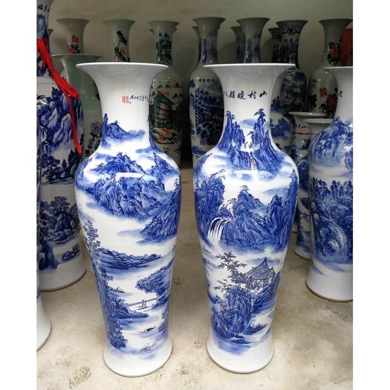 景德镇陶瓷器大花瓶手绘青花山水新房客厅酒店落地装饰品摆件 三维工匠 江山多娇1.1米