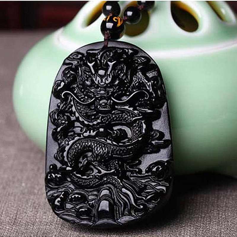 黑曜石坠龙腾四海坠大气男款珠链挂坠磨砂龙牌水晶项链