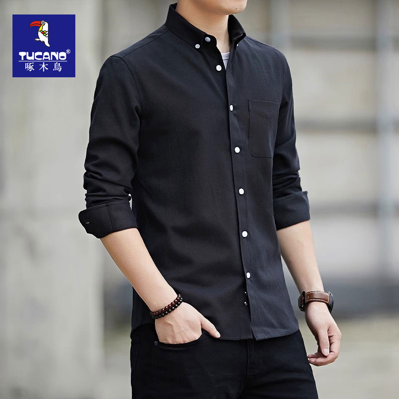 啄木鸟男士长袖衬衫2025新款秋冬季加绒寸衫免烫休闲衬衣爸爸上冬高清大图