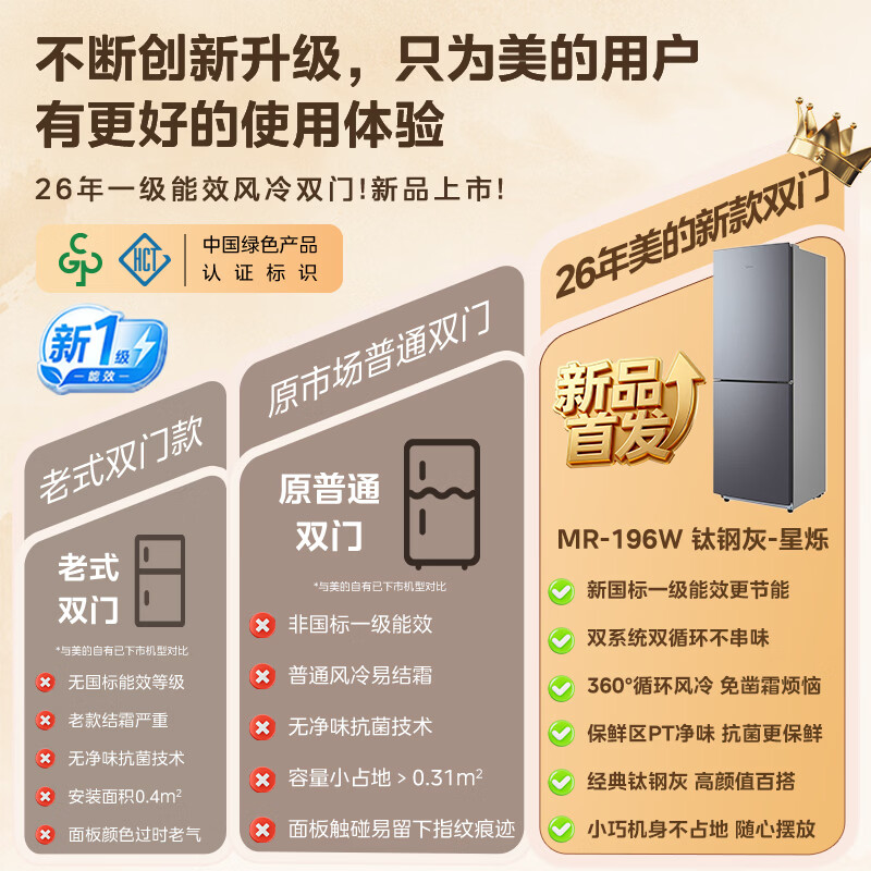 美的冰箱186L二门双门冰箱小户型新国标真一级双系统双循环风冷无霜租房双门电冰箱家用宿舍小冰箱国家补贴MR-196W高清大图
