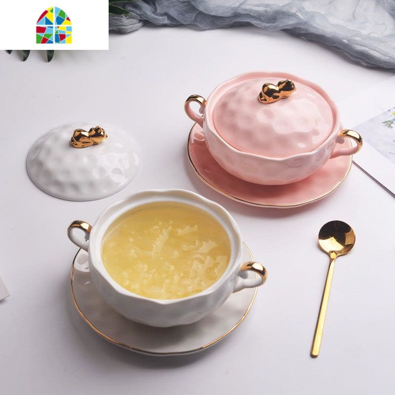 芋圆燕窝碗甜品碗精致套装欧式小西米露碗家用红网酸奶碗带盖 FENGHOU 金猪粉盖碗+金勺图片