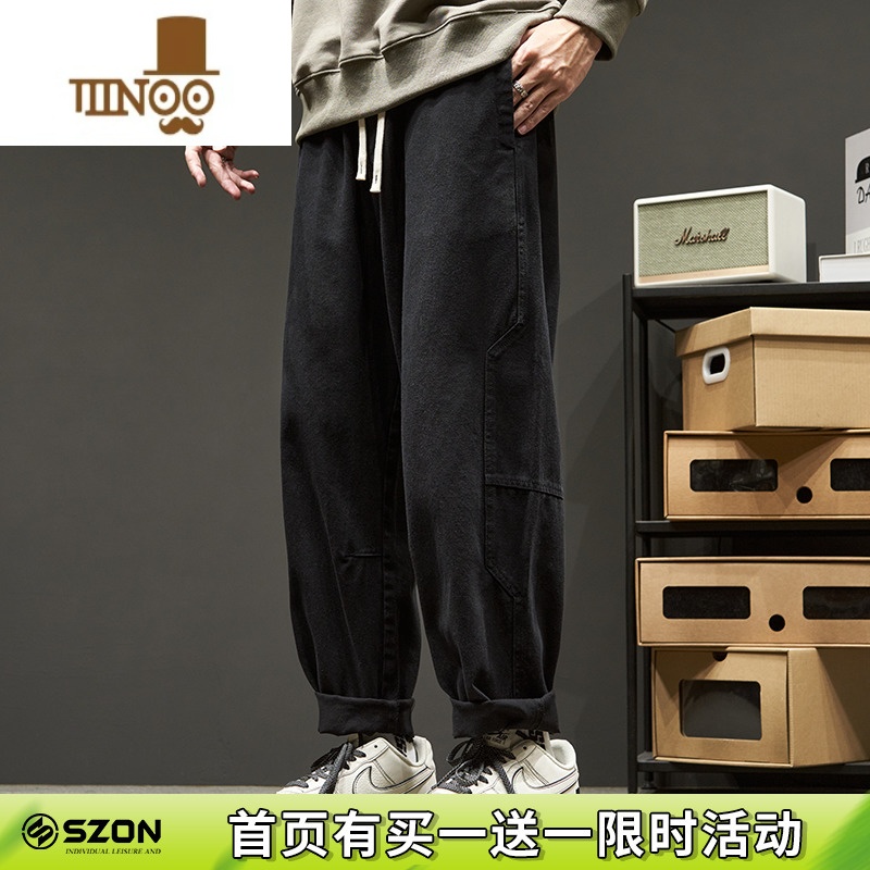 YANXU日系工装裤男复古拼接宽松阔腿直筒长裤男生纯色潮流休闲裤款高清大图