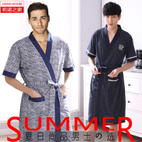 加大码睡袍男士纯棉夏季短袖浴袍中长款全棉质浴衣加肥中青年薄款