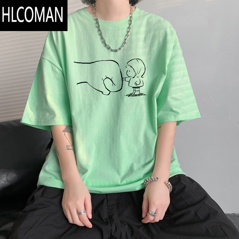 HLCOMAN青少年短袖t恤男夏季胖子大码宽松半袖oversize港风圆领体恤