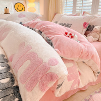 冬季牛奶绒四件套秋冬珊瑚绒被套加绒床上三件套法兰绒床单_226 1.5m床笠四件套被套2.0*2.3m床笠1.5*2.0m枕 粉色节奏【加密绒毛加厚保暖】