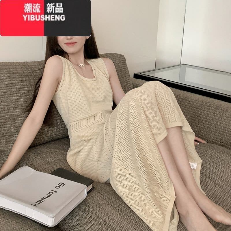 YIBUSHENG白色无袖针织吊带背心连衣裙女2024新款内搭休闲海边直筒长裙子图片