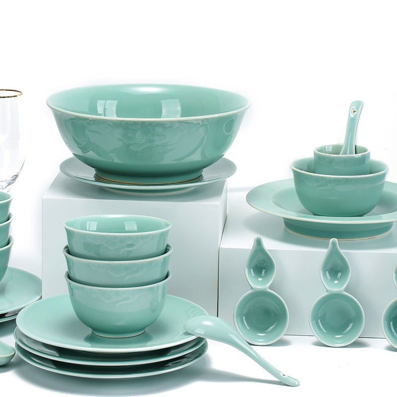 凯斯唯嘉碗碟套装家用轻奢中式龙泉青瓷餐具套装大碗汤碗面碗高档碗盘