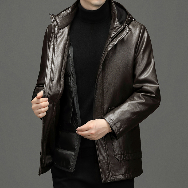 2025春秋新款高端皮羽绒服男翻领海宁真皮羽绒男大码男装外套可拆卸内胆羽绒服男皮衣男士商务大码真皮皮草外套男防寒服