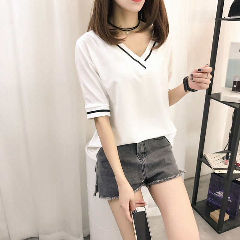 大码女装胖mm短袖T恤女2018夏季新款v领上衣条纹显瘦打底衫200斤