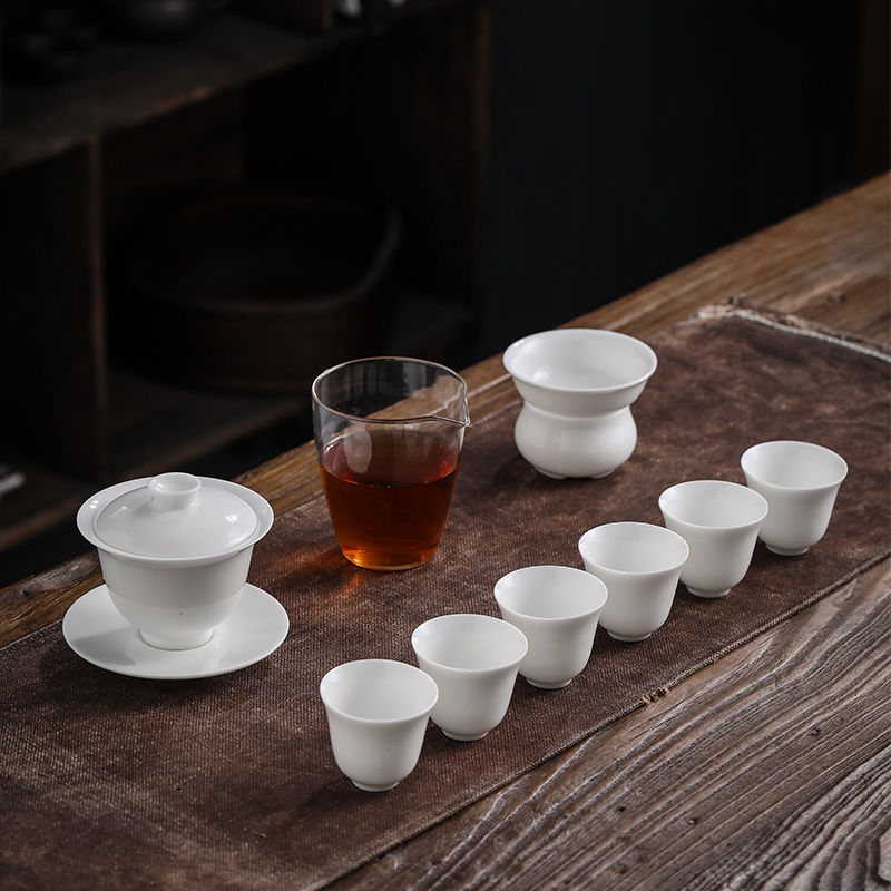 厂家直销羊脂玉瓷三才盖碗茶具套装家用整套陶瓷功夫茶具德化白瓷 玉瓷盖碗玻璃公杯套组(安全包装)