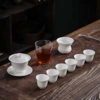 厂家直销羊脂玉瓷三才盖碗茶具套装家用整套陶瓷功夫茶具德化白瓷 玉瓷盖碗玻璃公杯套组(安全包装)