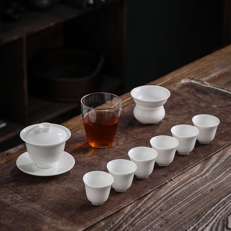 厂家直销羊脂玉瓷三才盖碗茶具套装家用整套陶瓷功夫茶具德化白瓷 玉瓷盖碗玻璃公杯套组(安全包装)