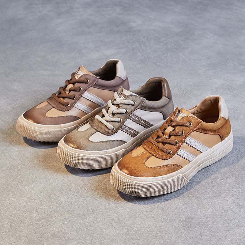 真皮复古手工鞋子女牛皮拼色休闲鞋森系系带德训鞋24春运动休闲鞋图片