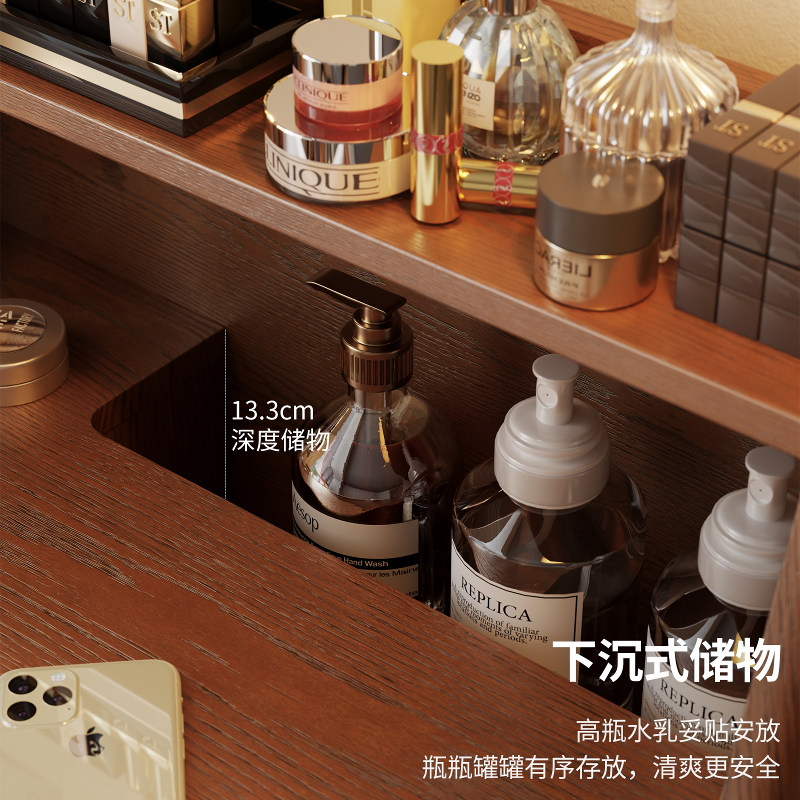 中古风梳妆台小户型卧室现代简约床头书桌一体带镜实木化妆桌高清大图
