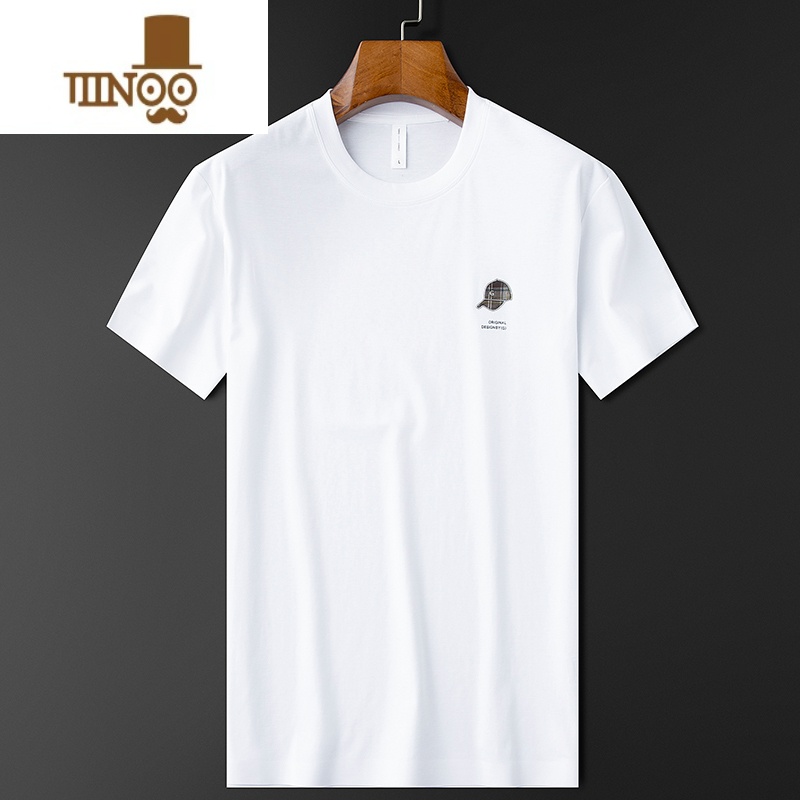 YANXU轻奢夏季薄款丝光棉压胶白色t恤男短袖修身圆领休闲半袖男士高清大图