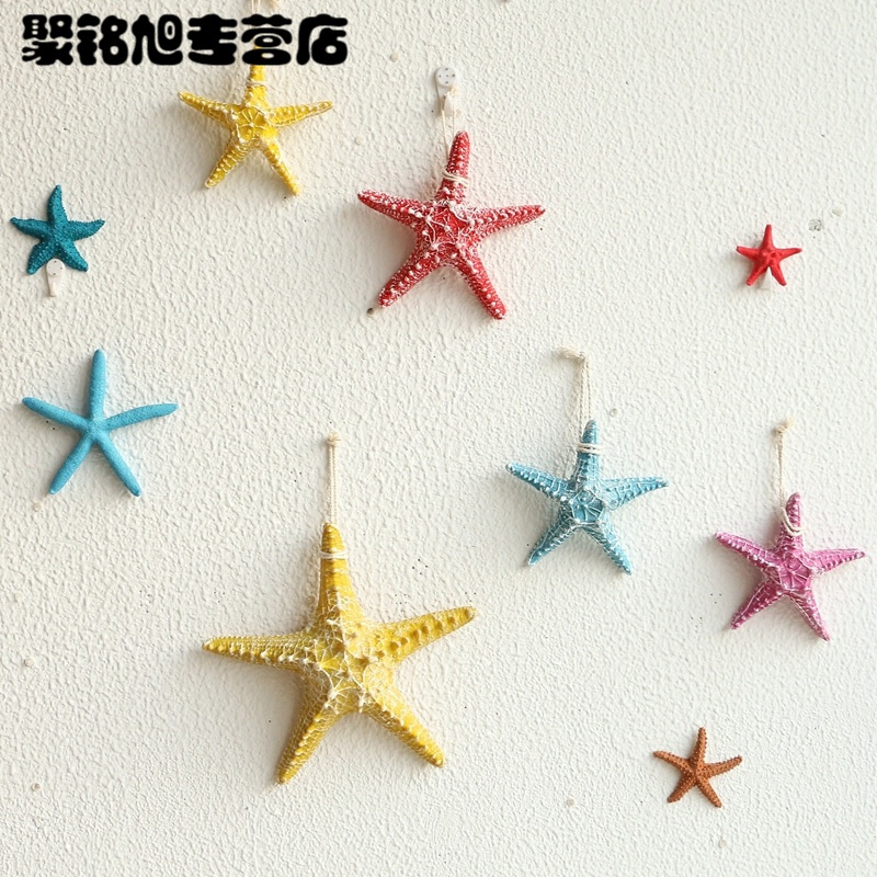 地中海风格五指馒头海星地台摆设墙贴墙装饰品创意树脂鱼缸装饰-馒头海星蓝色13cm+15cm