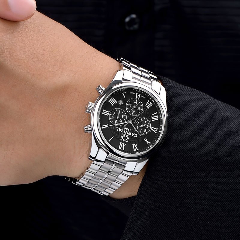 嘉年华CARNIVAL名匠运动手表男 全自动机械表 男士精钢带防水休闲男表正品休闲时尚金属蝴蝶扣腕表8827高清大图