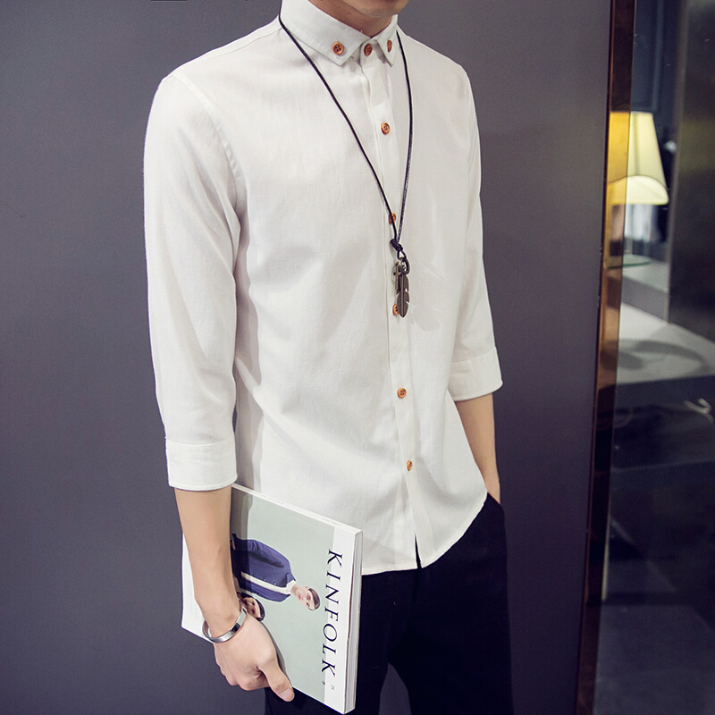 夏季白衬衫短袖修身男士7七分袖衬衣服中袖韩版潮流男装寸衫学生