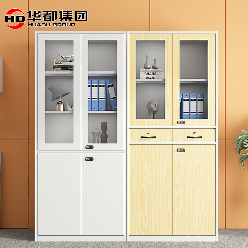 华都HDCY-17 彩雅灰黄对开玻璃柜华都文件柜更衣柜档案柜资料办公柜铁皮柜钢制木纹转印柜器械柜储物柜高清大图