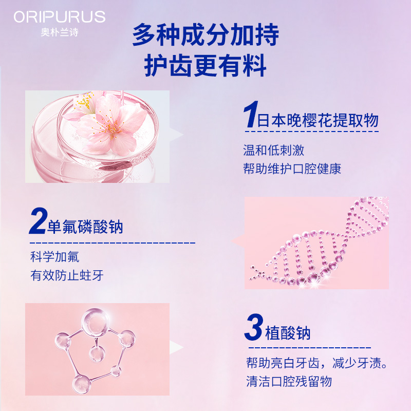 奥朴兰诗(OriPurus) 樱花亮白护龈牙膏 减少牙渍清新口气 150g高清大图