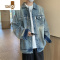 YANXU美式水洗做旧拉链拼接牛仔夹克男秋季ins潮牌复古翻领牛仔衣外套
