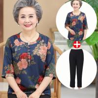 中老年人女装夏装短袖印花T恤奶奶上衣套装老人衣服60-70岁套头衫蓝底大花+裤子XL(建议90-110斤)