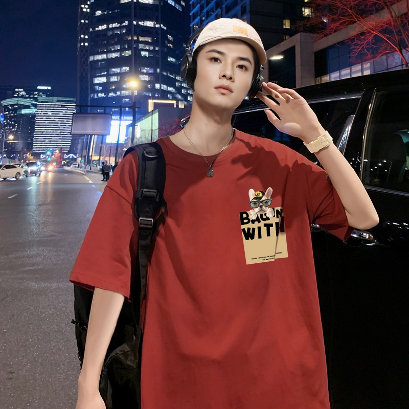 唐狮|男士T恤短袖T恤男短袖T恤男左胸图案印花圆领短袖T S 珊瑚红