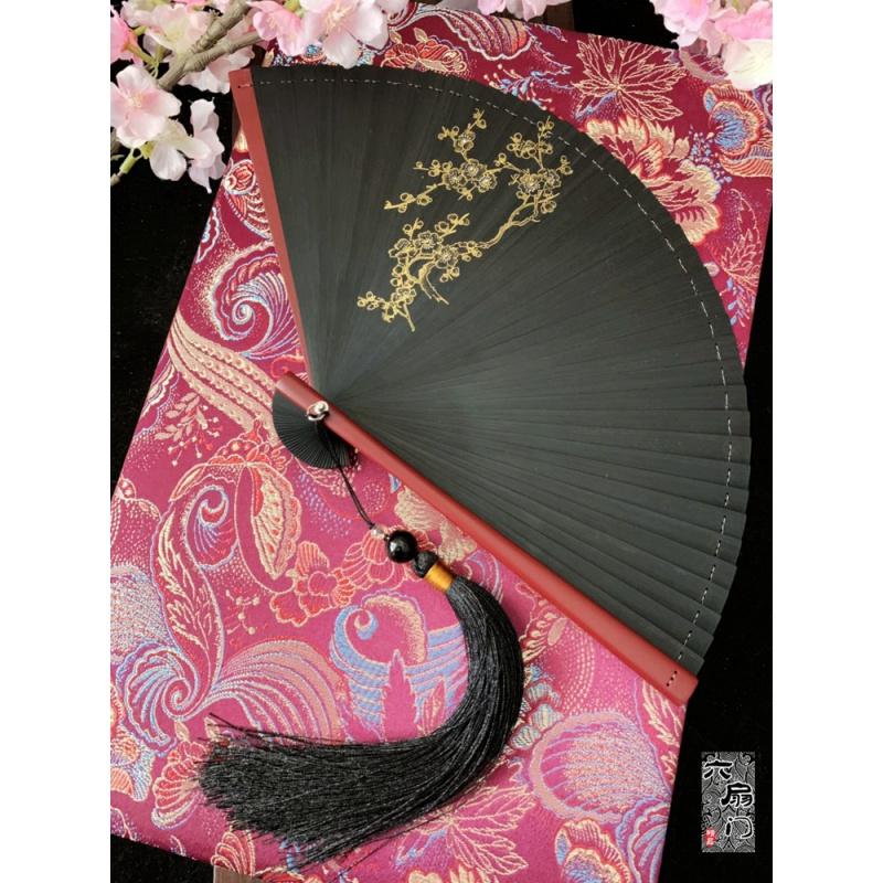 古风金色喷绘中国风梅花黑色全竹工艺扇礼品扇小日式女夏季折扇子 三维工匠 梅花+大珠黑配红