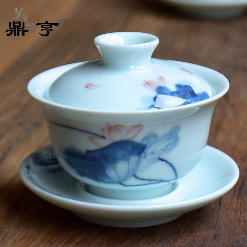 鼎亨手绘荷花茶碗盖碗茶杯青瓷三才盖碗功夫茶具泡茶碗套装陶瓷敬