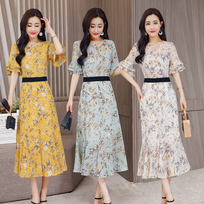 女士夏款喇叭袖雪纺碎花包臀连衣裙长款时尚收腰修身显瘦气质长裙