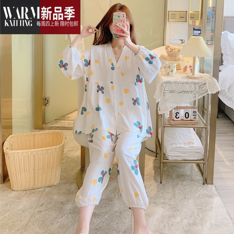 shanchao新款棉绸睡衣女款长袖网红夏季可爱少女生绵绸家居服套装