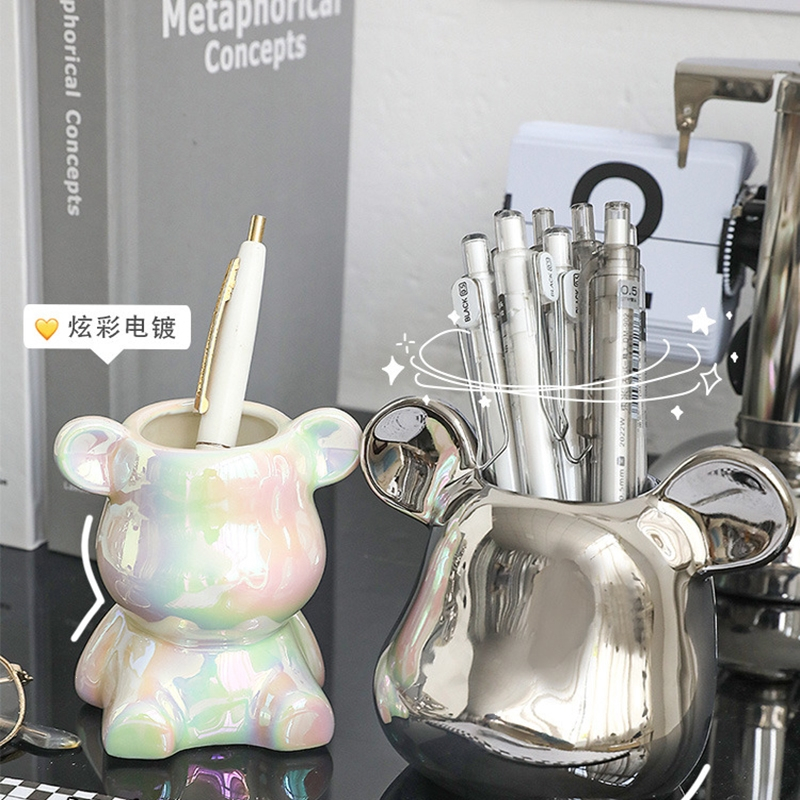 智扣高级感笔筒化妆刷收纳盒办公室桌面摆件创意实用小礼品礼物装饰可爱伴手礼中秋国庆节活动赠_礼品袋银色熊头珠光白小熊陶瓷