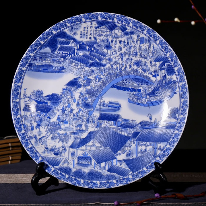 景德镇陶瓷器 青花牡丹瓷盘子摆件 瓷盘看盘装饰工艺品 陶瓷盘画 三维工匠 清明上河图