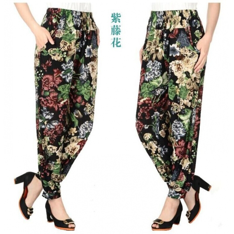 中老年女装花裤子女薄灯笼裤夏宽松大码妈妈裤九分裤高腰