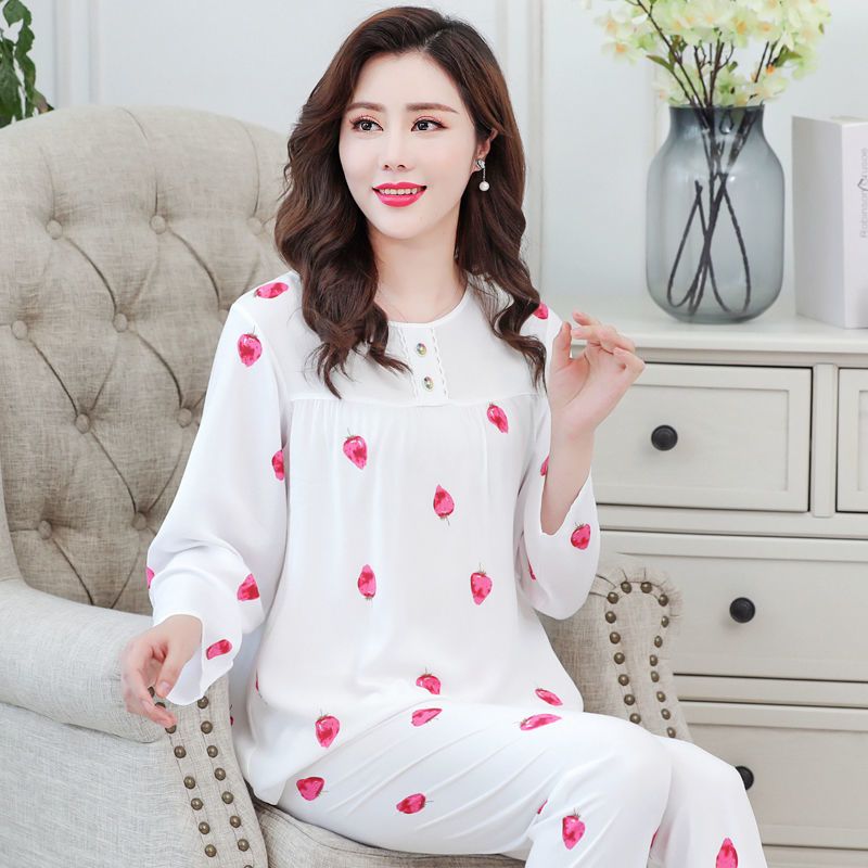 新款春夏女棉绸睡衣长袖长裤中青年薄款套装人造棉透气宽松家居服