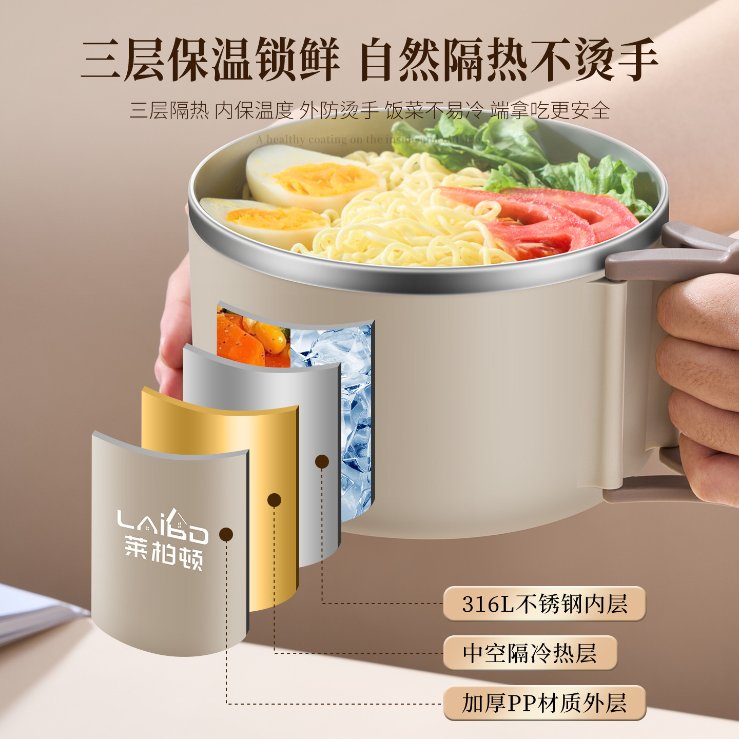 莱柏顿316L不锈钢泡面碗学生宿舍带盖可沥水面碗食堂打饭神器折叠柄饭碗高清大图